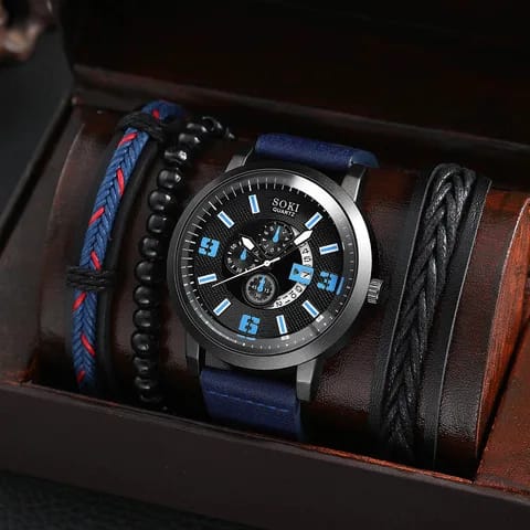 Montre + 3 Bracelets en cuir + Coffret  pour homme